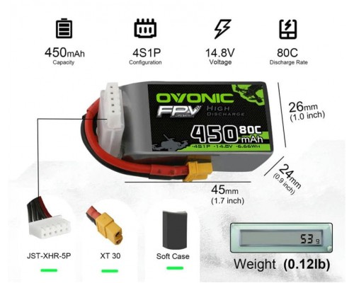 Аккумуляторы OVONIC 450мАч 4S 80C LiPo (XT30) (4 шт.) Аккумуляторы OVONIC 450мАч 4S 80C LiPo (XT30) (4 шт.)