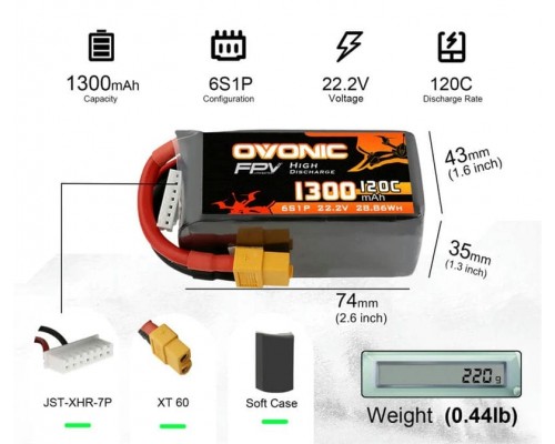 Аккумулятор OVONIC 1300мАч 6S 120C LiPo (XT60) Аккумулятор OVONIC 1300мАч 6S 120C LiPo (XT60)