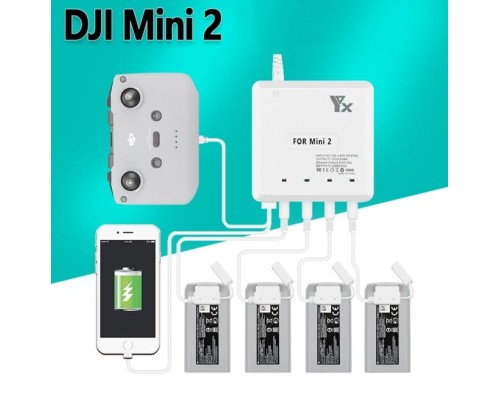 Зарядное устройство для 4 аккумуляторов DJI Mini 2 / Mini SE / Mini 2 SE, пульта и смартфона (YX) Зарядное устройство для 4 аккумуляторов DJI Mini 2 / Mini SE / Mini 2 SE, пульта и смартфона (YX)