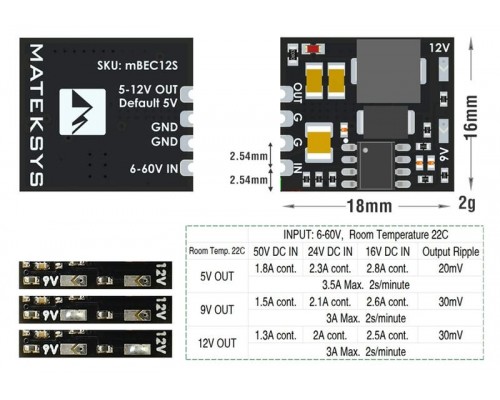 Плата BEC MATEKSYS Micro с 6 - 60 В на 5 / 9 / 12 В (регулируемый выход) Плата BEC MATEKSYS Micro с 6 - 60 В на 5 / 9 / 12 В (регулируемый выход)